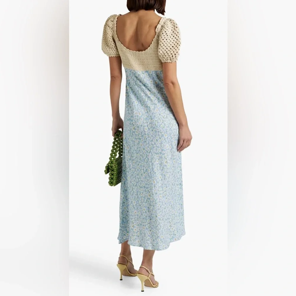 Rixo London Sardinia Crochet Knit Floral Maxi Dress in Cream and Light Blue - Picture 9 of 10